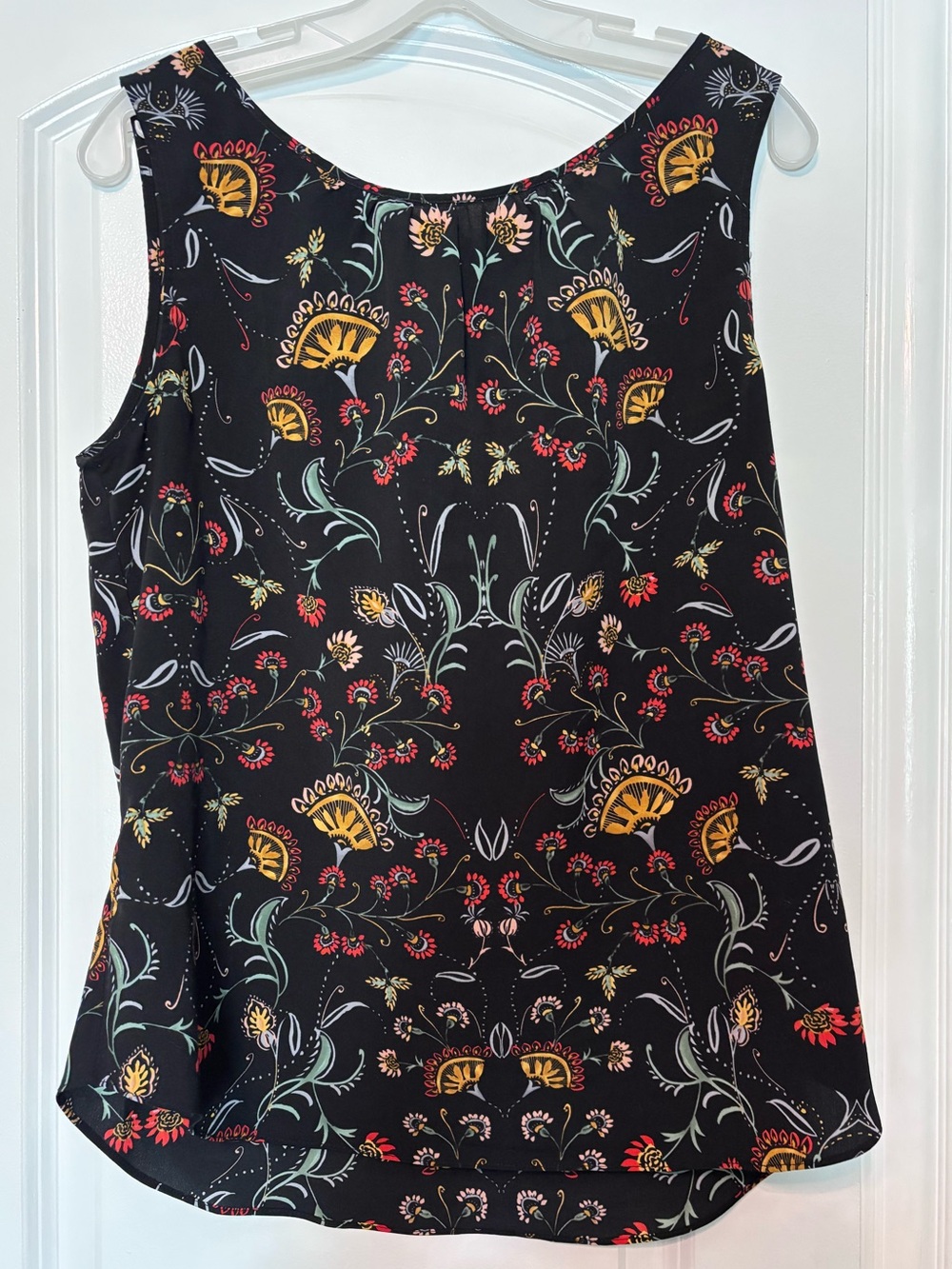 CAbi Black Floral Print Sleeveless Camisole with Yellow & Red Accents Size Large